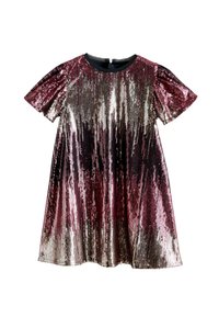 Šaty s krátkým rukávem se gradientem růžových a stříbrných flitrů, kulatým výstřihem a volným střihem, jemně se rozšiřující na spodním lemu.