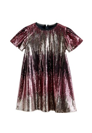 Kurzärmeliges Kleid mit einem Farbverlauf aus pinken und silbernen Pailletten, rundem Ausschnitt und lockerer Passform, das unten sanft ausstellt.