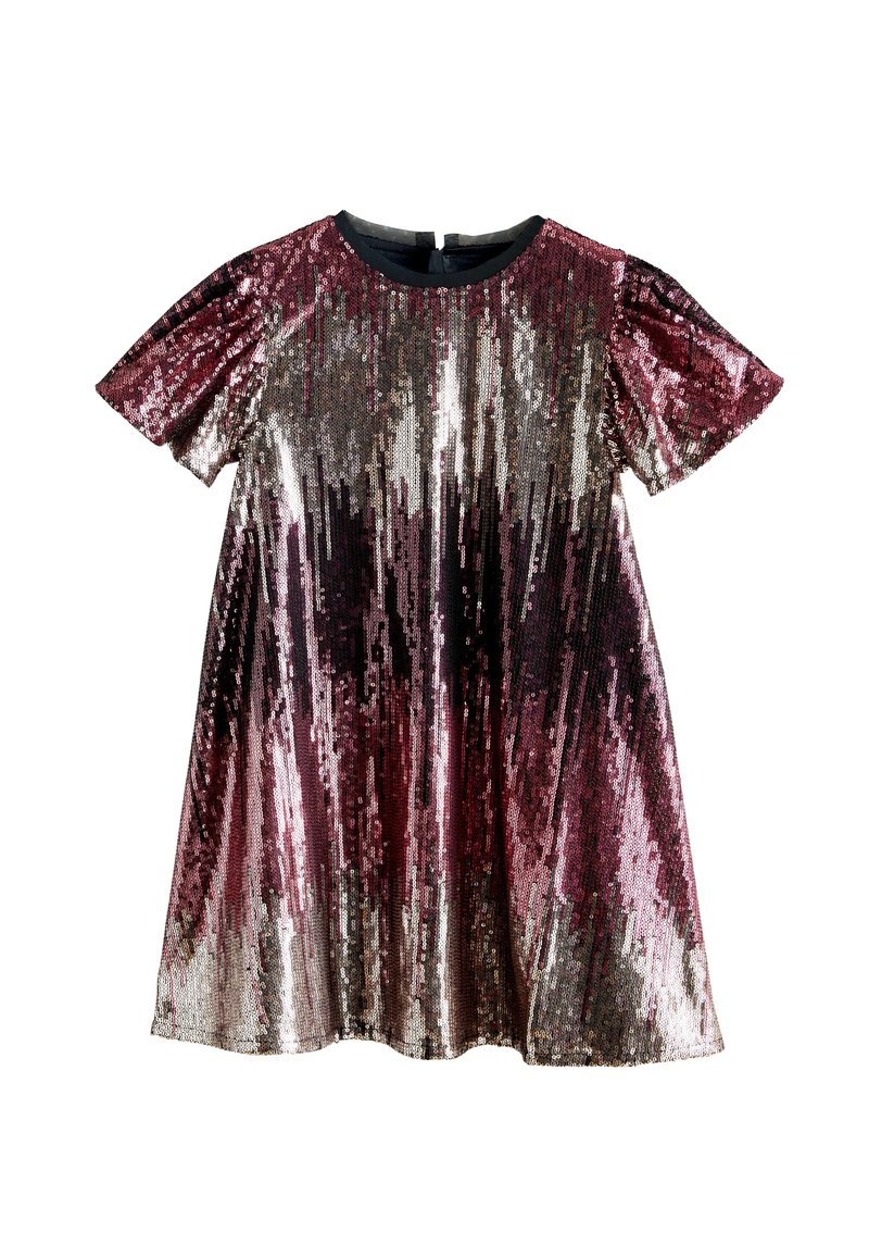 Šaty s krátkým rukávem se gradientem růžových a stříbrných flitrů, kulatým výstřihem a volným střihem, jemně se rozšiřující na spodním lemu.