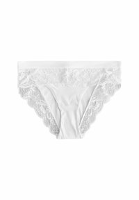 Witte bikinionderbroek met kantafwerking, vervaardigd uit zachte katoen, met golvende randen en bloemenkantdetails langs de tailleband.