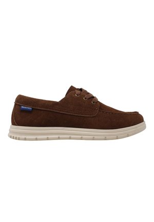 Scarpa casual marrone in camoscio con lacci, suola in gomma bianca e etichetta Docksteps sul lato, mostrata di profilo su sfondo bianco.