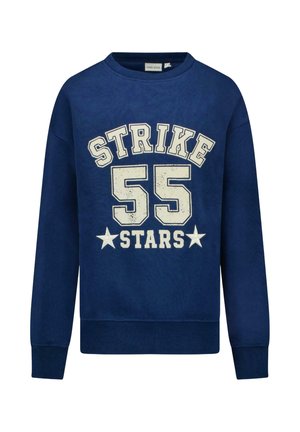 Marineblauwe sweatshirt met lange mouwen met de tekst "STRIKE 55 STARS" en twee witte sterren op de voorkant gedrukt.