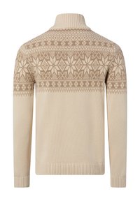 Beige sweater with a high collar, featuring a geometric snowflake pattern in light brown across the chest and shoulders. Ribbed cuffs and hem.