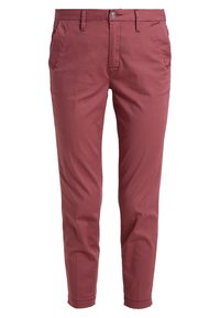 Cotton blend trousers in a dusty rose color, slim fit with five pockets, front button and zip closure, and stitched detailing.