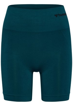Teal atletik shorts med høj elastisk talje, glat tekstur og tætsiddende design. Har diskret branding på taljen.