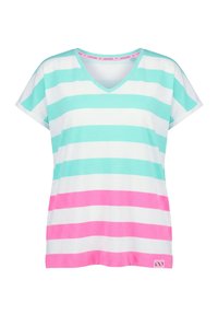 Maglietta a maniche corte con scollo a V e ampie righe orizzontali in turchese, bianco e rosa, con una piccola etichetta logo all'orlo.