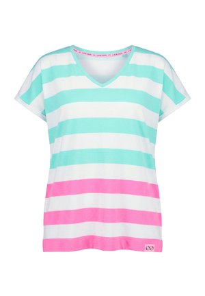 Koszulka z krótkim rękawem i dekoltem w serek, z szerokimi poziomymi paskami w kolorze turkusowym, białym i różowym, z małą metką z logo na dole.
