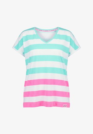 Lyhythihainen V-kaula-avauksellinen paita, jossa leveät vaakaraitakuviot turkoosina, valkoisena ja vaaleanpunaisena, ja pieni logotunniste helmassa.
