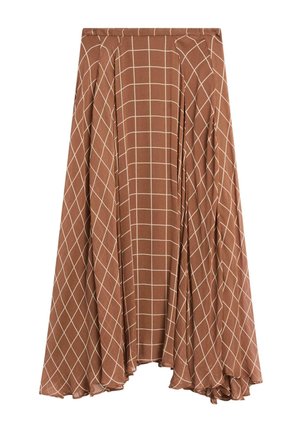 Jupe à carreaux marron avec un design fluide, faite d'un tissu doux avec un motif en grille et une texture plissée. L'ourlet est légèrement asymétrique.