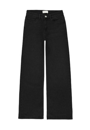 Zwarte wijde spijkerbroek van denim, voorzien van een knoopsluiting, riemlussen en voorzakken met een klassieke rechte pasvorm.