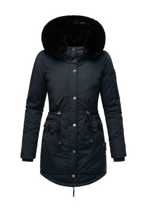 Navy blue padded parka with a large faux fur hood, drawstring waist, side pockets, and button detailing. Smooth texture, knee-length design.