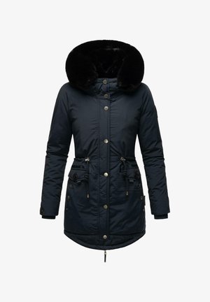 Tamno plava podstavljena parka s velikim kapuljačem od umjetnog krzna, elastičnom strukom, bočnim džepovima i detaljima na dugmadima. Glatka tekstura, dužine do koljena.