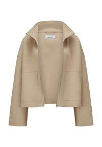 Beige Jacke mit Reißverschluss, großem Kragen, weiten Ärmeln und zwei Vorderentaschen. Hergestellt aus einem glatten, leicht strukturierten Stoff.