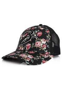 Fekete virágos baseballsapka hálós háttal, piros és fehér rózsák mintájával, ívelt napellenzővel és kiemelkedő hímzett logóval az elején.