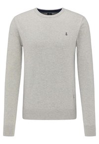 Hellgrauer, gestrickter Pullover mit langen Ärmeln, Rundhalsausschnitt und geripptem Saum; verfügt über ein kleines Ankerlogo auf der linken Brust.