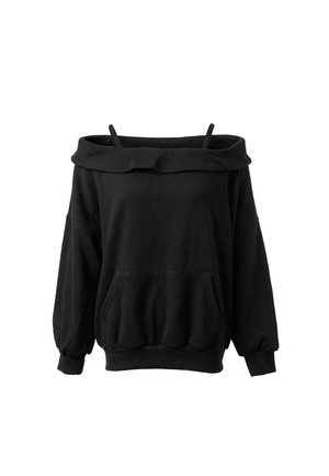 Sort off-shoulder sweatshirt med tynde stropper, lange pufærmer, forlomme og elastisk talje og manchetter på hvid baggrund.