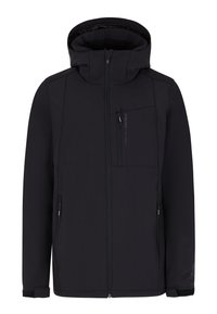 Veste softshell noire avec capuche, dotée d'une fermeture éclair à l'avant, de plusieurs poches et de poignets réglables. Texture lisse, design minimaliste.