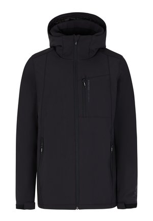 Černá softshellová bunda s kapucí, se zipovým předním zapínáním, několika kapsami a nastavitelnými manžetami. Hladký povrch, minimalistický design.