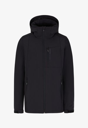 Giacca softshell nera con cappuccio, dotata di chiusura frontale con cerniera, molteplici tasche e polsini regolabili. Texture liscia, design minimalista.