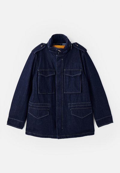 Denim jacket in dark blue with a stand-up collar, two chest pockets, and two side pockets. Features yellow lining and shoulder epaulets.