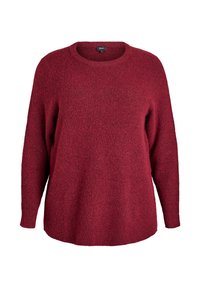 Burgundy neulepaita pitkilla hihoilla, pyöreällä kaula-aukolla ja rentolla istuvuudella, valmistettu teksturoidusta kankaasta.