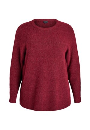 Burgundi värvi kudum, millel on pikad varrukad, ümmargune kaelus ja vabalt istuv lõige, valmistatud tekstuurilisest kangast.