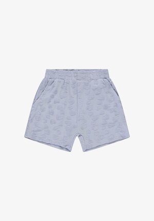 Lichtblauwe kinderschort met elastische tailleband, zijzakken en verhoogde hartvormige patronen over de hele stof.