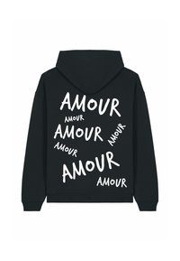 Felpa nera con cappuccio caratterizzata da testo bianco "AMOUR" sparso in diverse dimensioni e orientamenti. Tessuto morbido, cappuccio regolabile e polsini a costine.