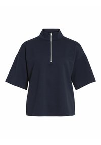 Top de manga corta azul marino con cuello alto y cremallera central. Hecho de tela suave, con corte holgado y mangas anchas.