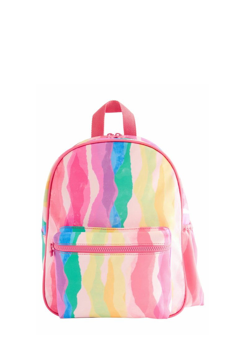Pink backpack with a wavy pastel pattern in green, yellow, and blue. Features a front zippered pocket and a top handle for carrying.