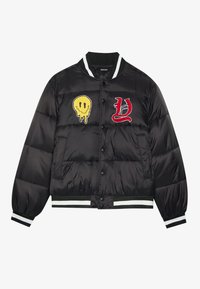 Black puffer jacket with a bomber design, featuring embroidered patches: a yellow smiley face and a red stylized letter. Striped ribbed cuffs and hem.