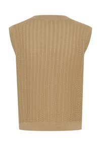 Beige ärmlös stickad väst med ribbat mönster, featuring vertikala linjer och en rundad halsringning. Enkelt design, inga ytterligare utsmyckningar.