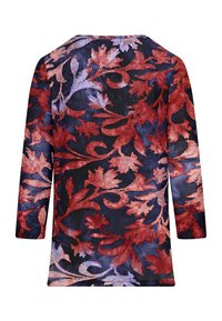 Bestickte Bluse, dunkelmarine Grundfarbe mit roten und lavendelfarbenen Blumenmustern. Hat einen V-Ausschnitt und lange Ärmel. Textiles Material mit komplexem Design.