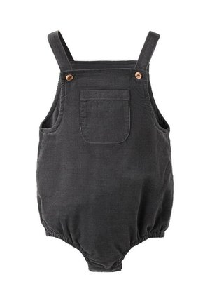 Romper en corduroy gris foncé avec bretelles réglables, poche avant et bas élastiqué. Présente des accents en boutons en bois.