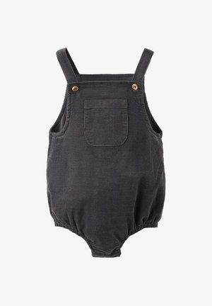 Romper en corduroy gris foncé avec bretelles réglables, poche avant et bas élastiqué. Présente des accents en boutons en bois.