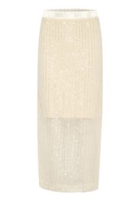 Knee-length cream skirt with sequined overlay. Elastic waistband, straight silhouette, and textured pattern throughout.