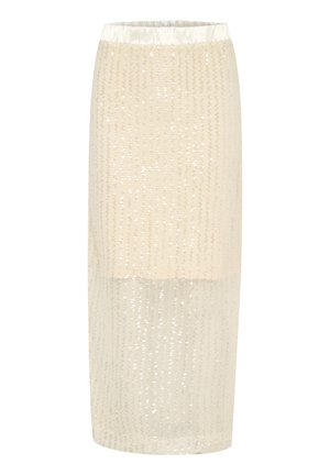 Fustă până la genunchi, de culoare crem, cu un overlay din paiete. Talie elastică, siluetă dreaptă și model texturat pe întreaga suprafață.