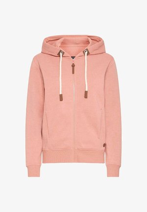 Helle rosa Zip-Hoodie mit einer Kordelzugkapuze, weichem Stoff, gerippten Bündchen und Saum. Verfügt über braune Akzente nahe dem Reißverschluss und den Taschen.