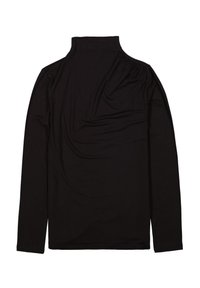 Schwarzes longsleeve Rollkragenshirt aus weichem Stoff, mit figurbetonter Silhouette und gerafftem Detail an der Schulternaht.