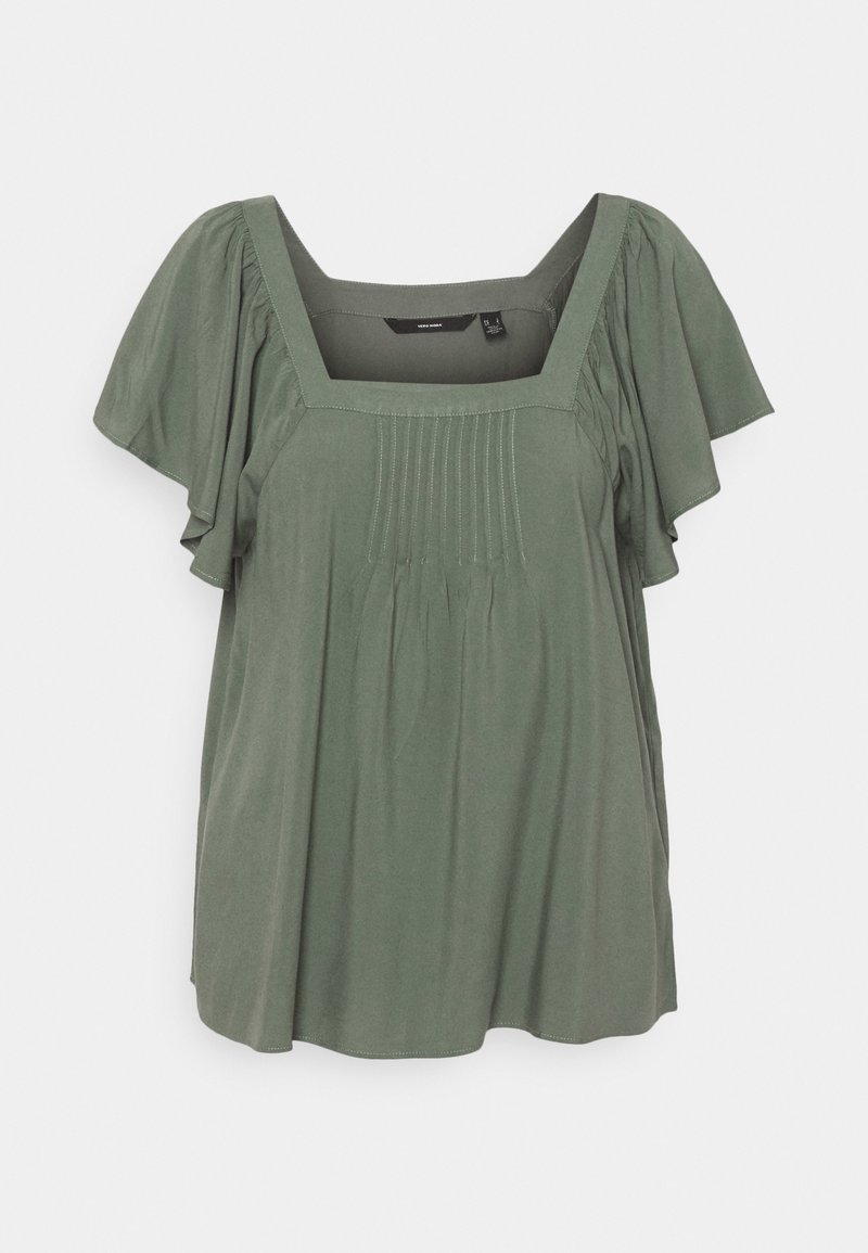 Blouse à manches courtes couleur vert olive avec encolure carrée, tissu froncé et détails de couture verticale sur la poitrine.