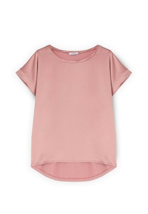 Zachtroze korte mouwen blouse met ronde halslijn en iets langere, gebogen zoom aan de achterkant.