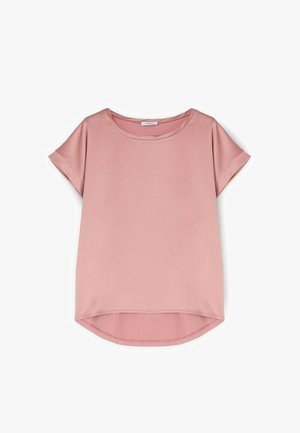 Zachtroze korte mouwen blouse met ronde halslijn en iets langere, gebogen zoom aan de achterkant.