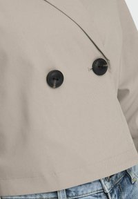 Veste cropped beige avec un design à double boutonnage, dotée de deux boutons noirs et d'une texture lisse. Couture visible et coupe décontractée.