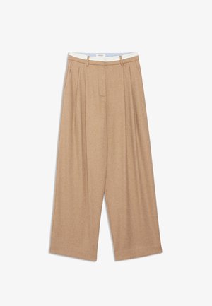 Pantaloni beige a gamba larga con pieghe frontali, una vita comoda, realizzati in un tessuto morbido con una sottile texture, caratterizzati da una finitura liscia.
