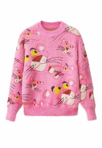 Pull en peluche rose avec un motif animal coloré. Col rond, manches longues et poignets côtelés. Texture douce avec des graphiques marquants.
