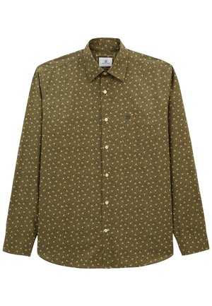 Chemise à manches longues olive avec des boutons, ornée d'un petit motif floral beige et d'une poche poitrine, sur fond blanc.