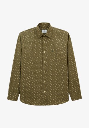 Chemise à manches longues olive avec des boutons, ornée d'un petit motif floral beige et d'une poche poitrine, sur fond blanc.