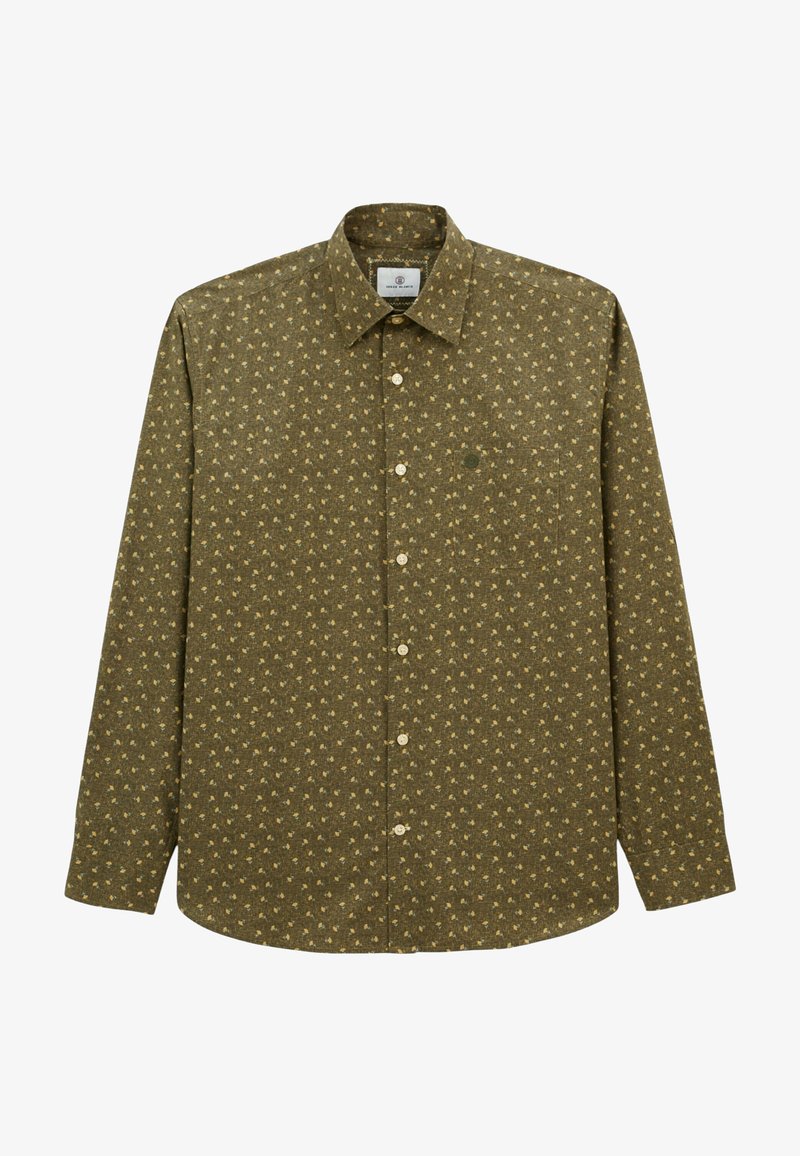 Chemise à manches longues olive avec des boutons, ornée d'un petit motif floral beige et d'une poche poitrine, sur fond blanc.