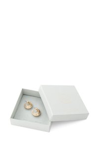 Boucles d'oreilles créoles en ton doré avec un design en spirale, présentées dans une boîte grise texturée avec un logo doré. La boîte est partiellement ouverte pour révéler les boucles d'oreilles.