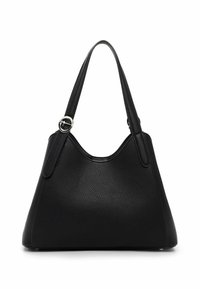 Black leather handbag with a textured finish, curved sides, and a single shoulder strap. Features a circular silver hardware detail.